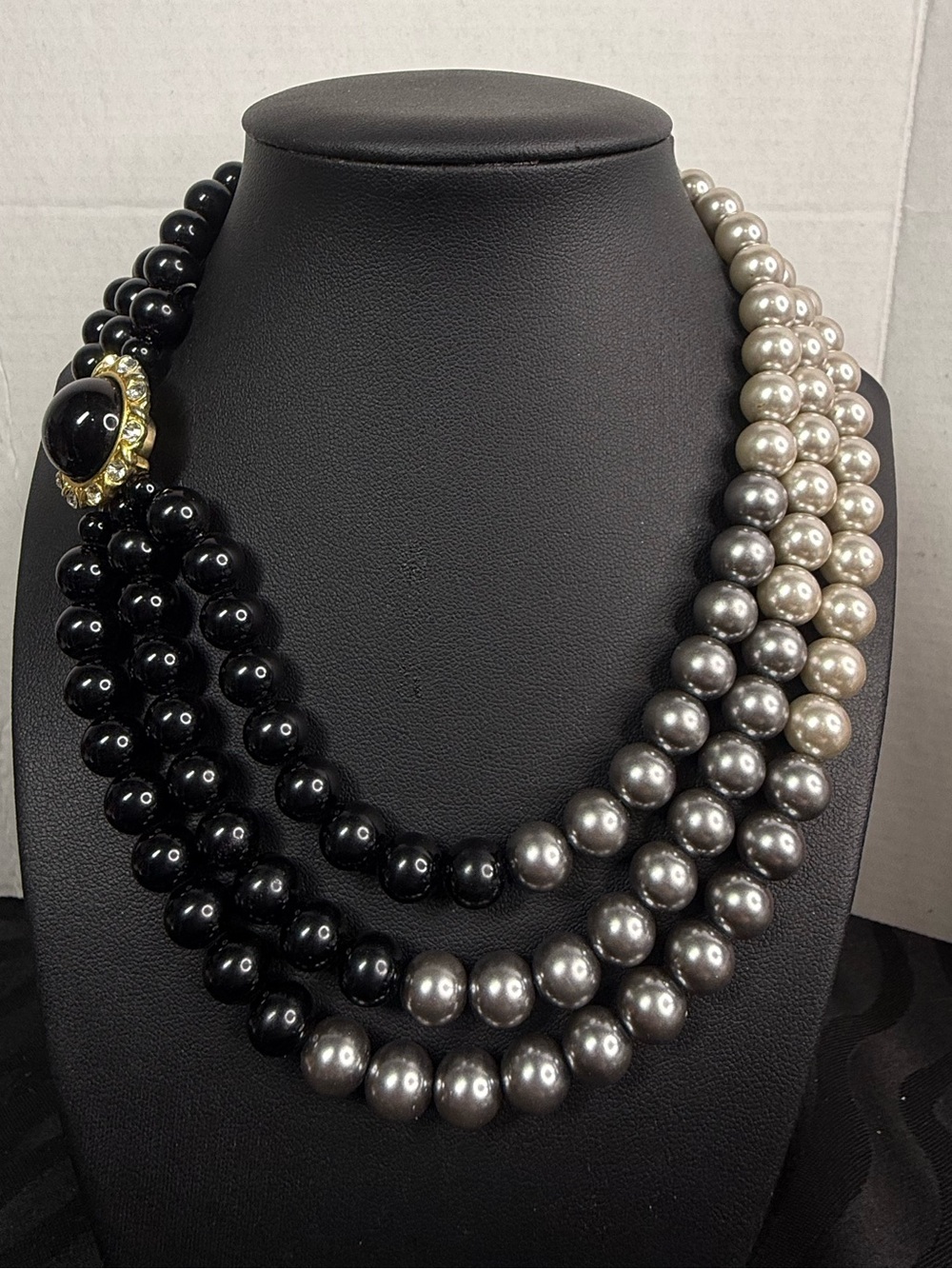 Three-Row Black and Silver Pearl Necklace